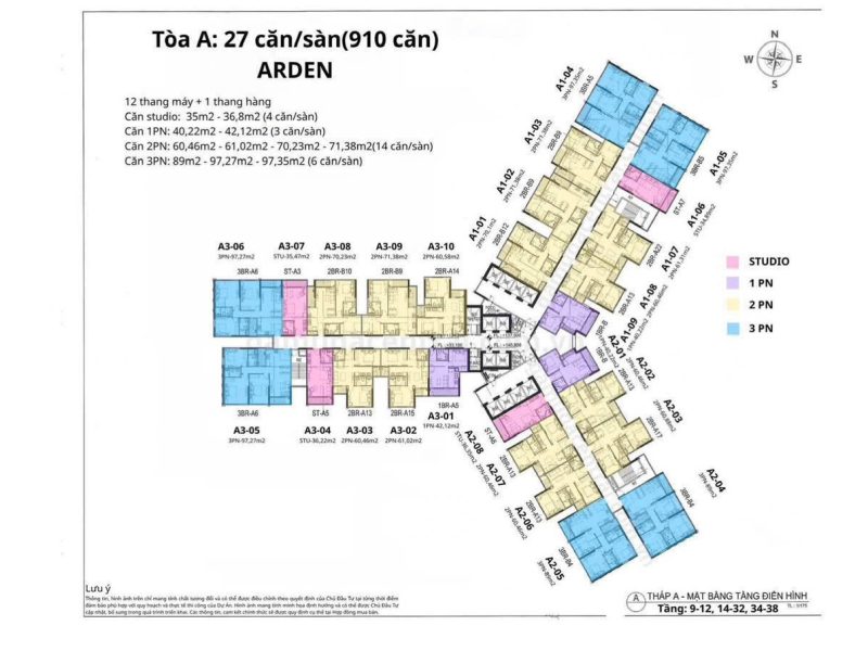 Mặt bằng tầng điển hình tòa A Arden — 27 căn/sàn, tầng 9–12, 14–32, 34–38