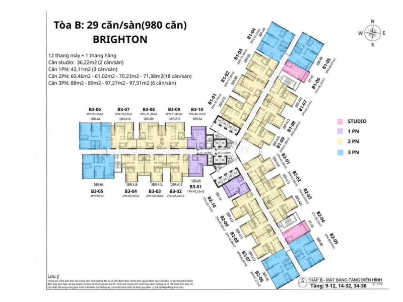 Mặt bằng tầng điển hình tòa B Brighton — 29 căn/sàn, tầng 9–12, 14–32, 34–38