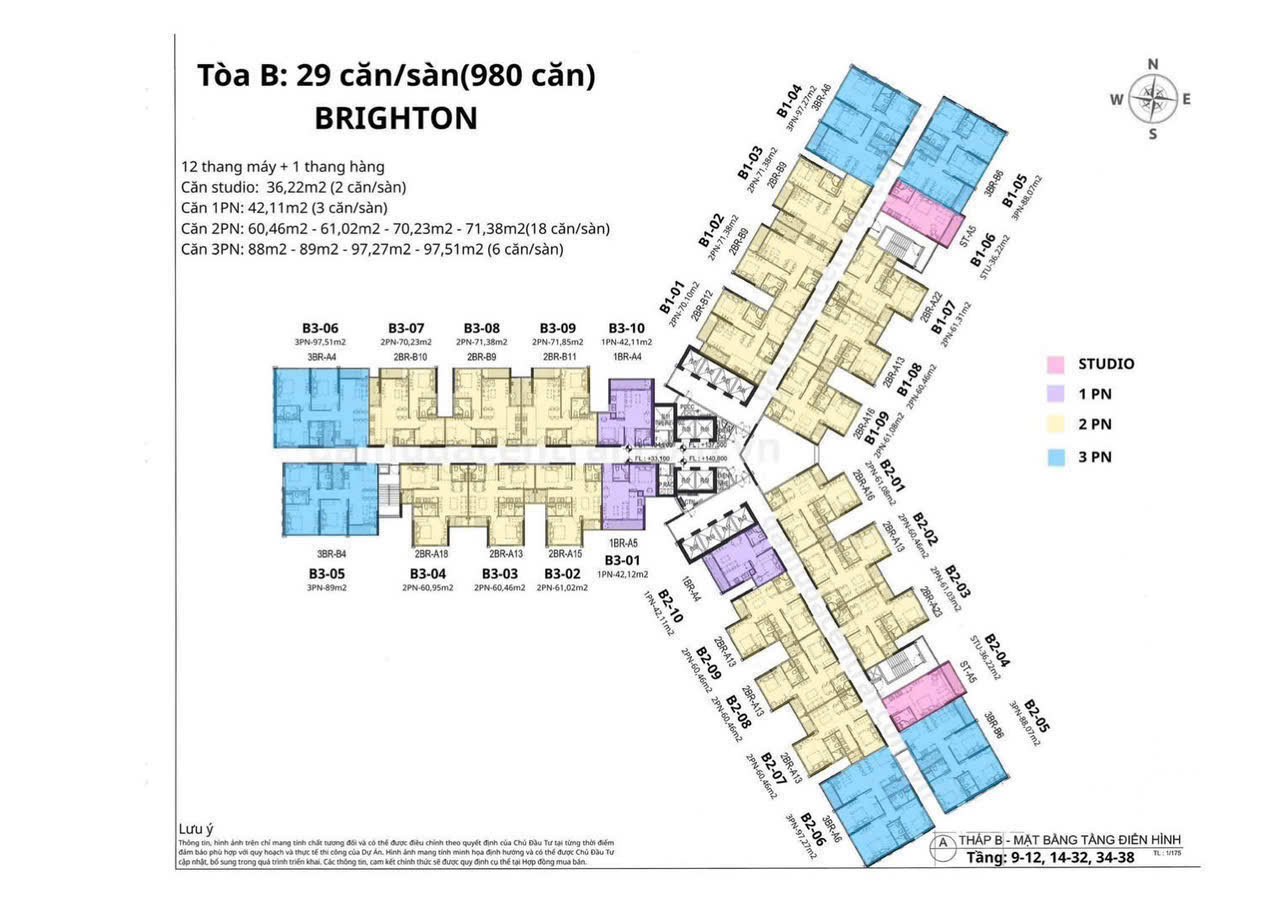 Mặt bằng tầng điển hình — Studio · Tòa B Brighton, Gamuda Central Park (HH2)