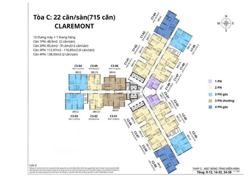 Mặt bằng tầng điển hình tòa C Claremont — 22 căn/sàn, tầng 9–12, 14–32, 34–38