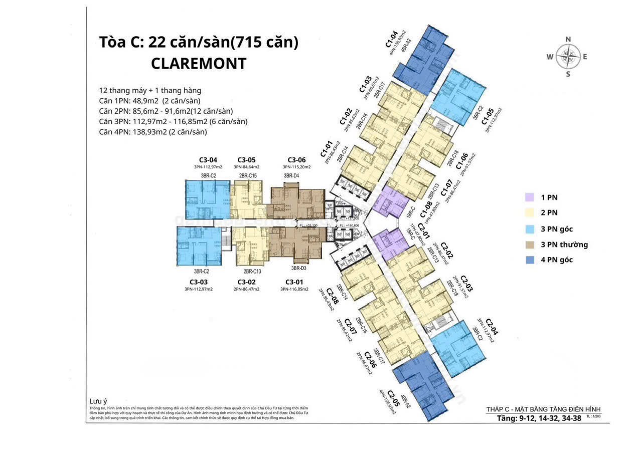 Mặt bằng tầng điển hình — 2 phòng ngủ · Tòa C Claremont, Gamuda Central Park (HH2)